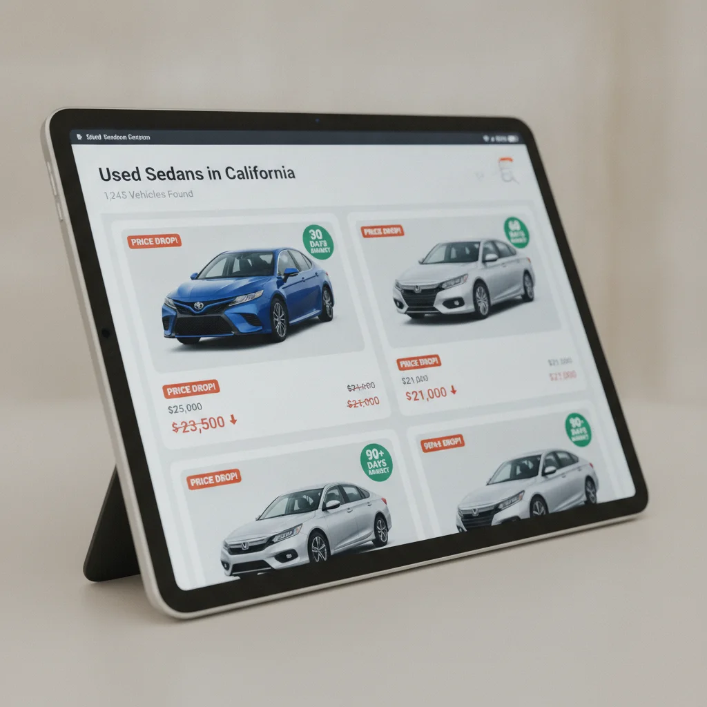 Tablet showing car listing website with days-on-market and inventory count signals for local market research