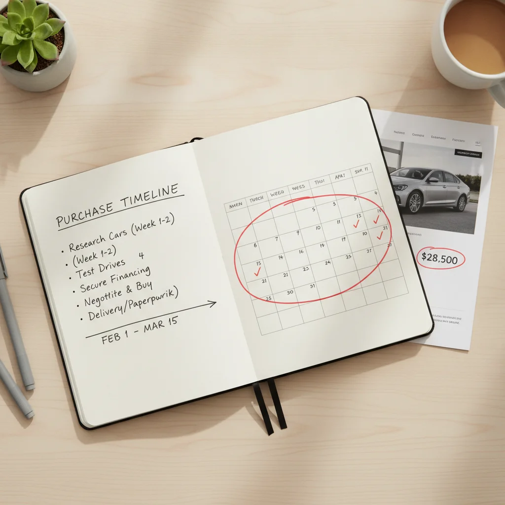 Planning notebook with a six-week car purchase timeline and highlighted calendar window alongside printed listing