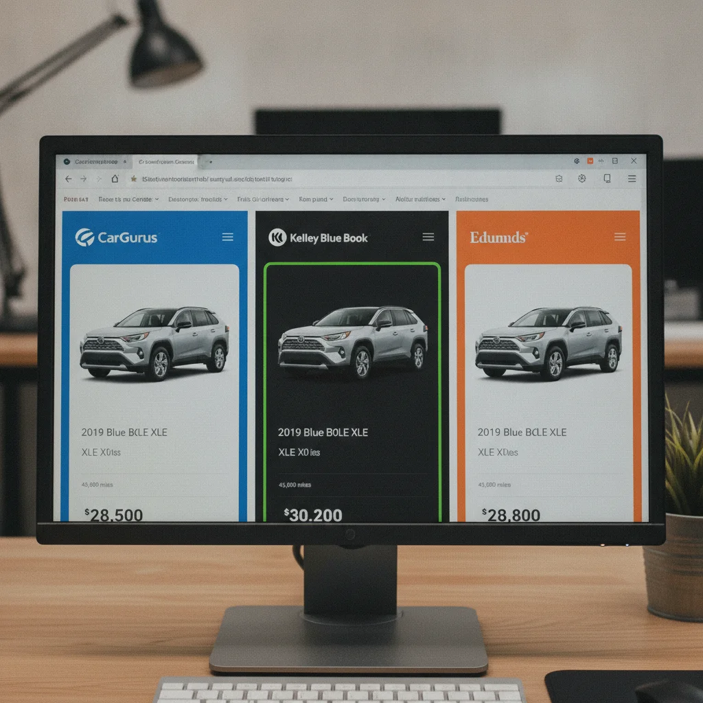 Computer screen showing multiple car valuation tools displaying different price estimates for the same vehicle