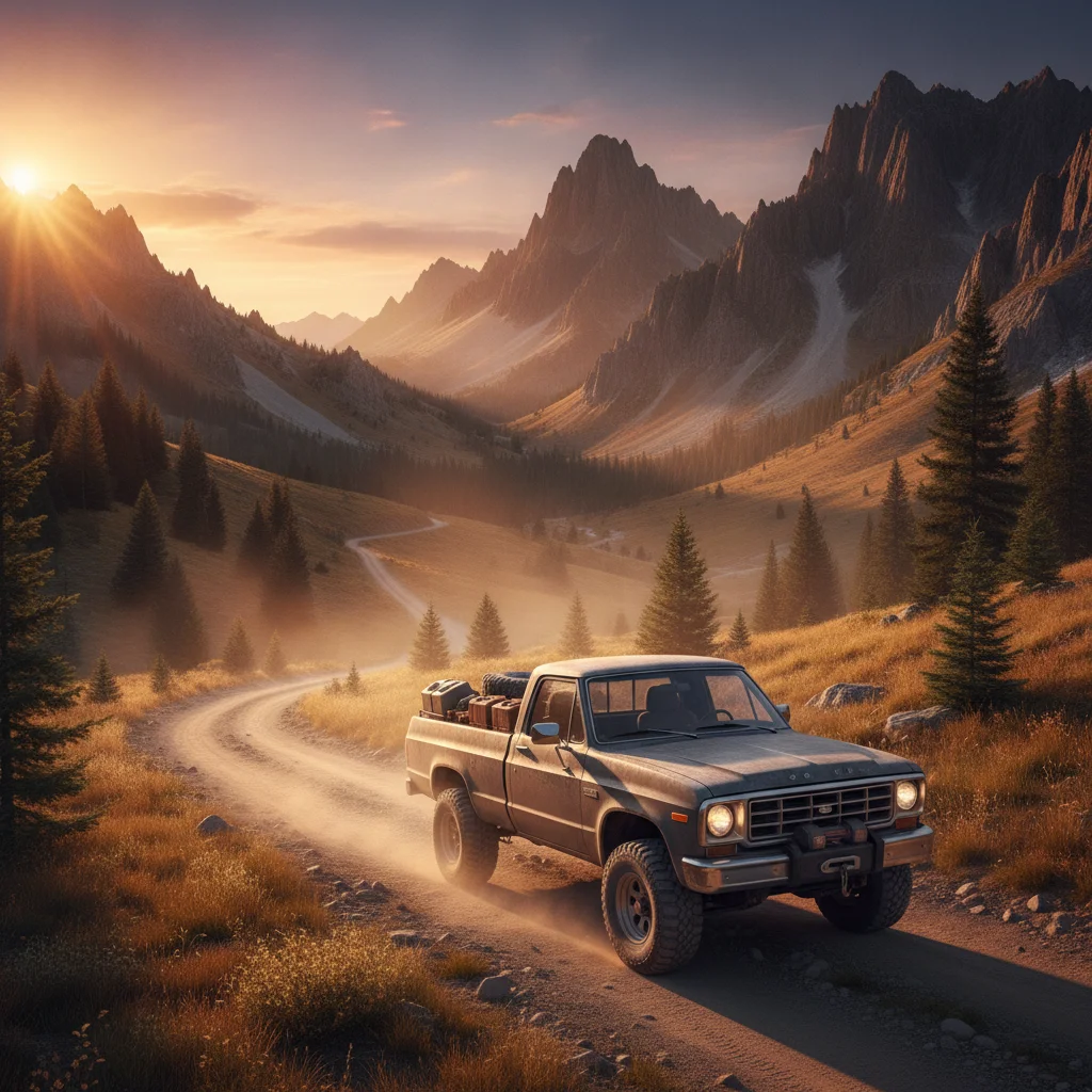 A 4x4 pickup truck parked on a dirt road surrounded by mountains at golden hour