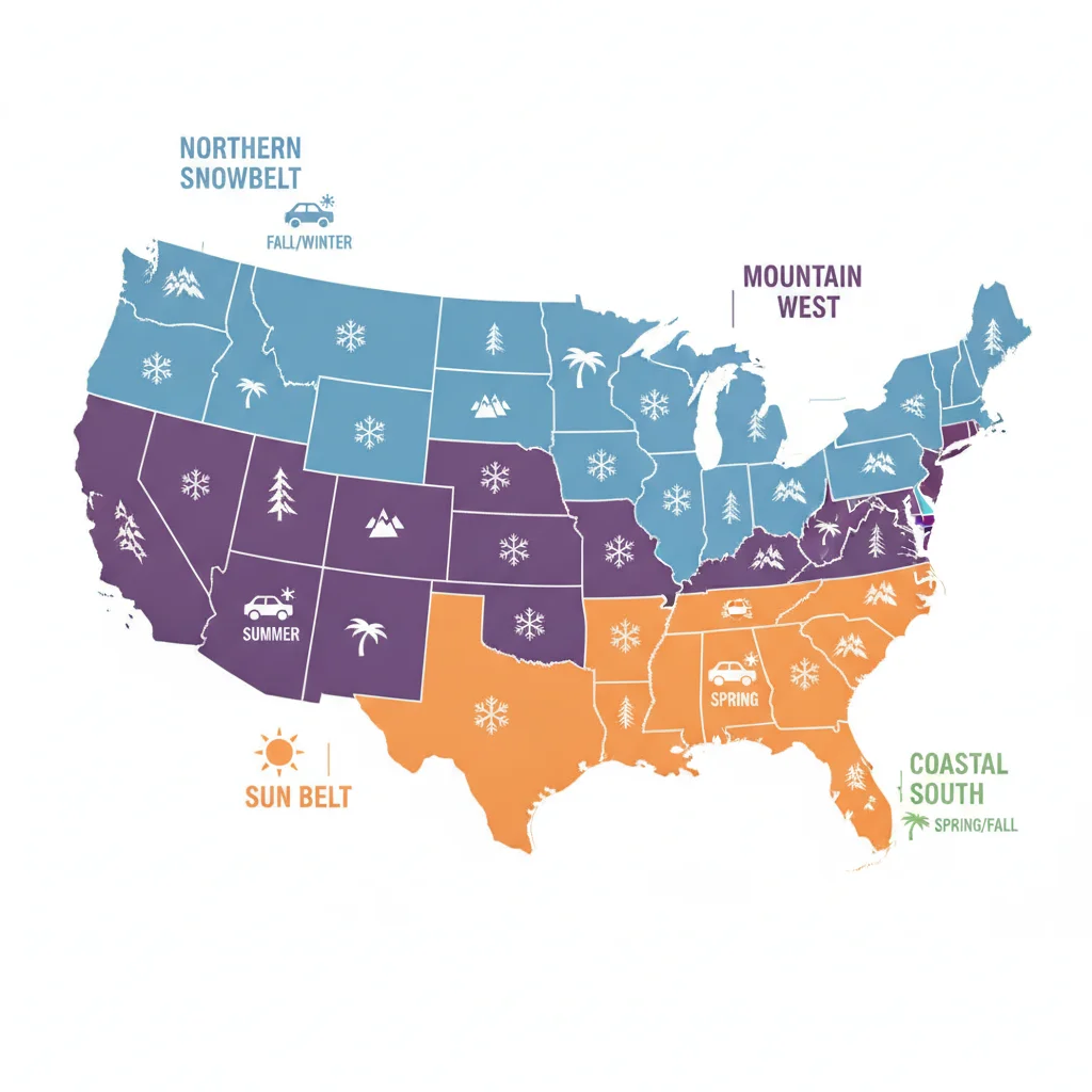 Color-coded US map showing regional climate zones and vehicle selling season peaks by geography