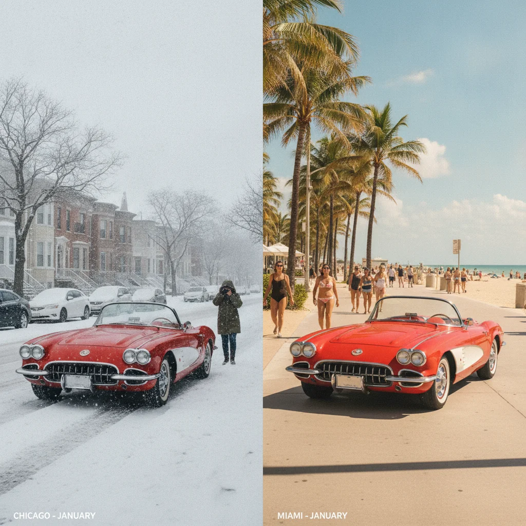 Same red convertible car shown in snowy Chicago winter conditions versus sunny Miami in January