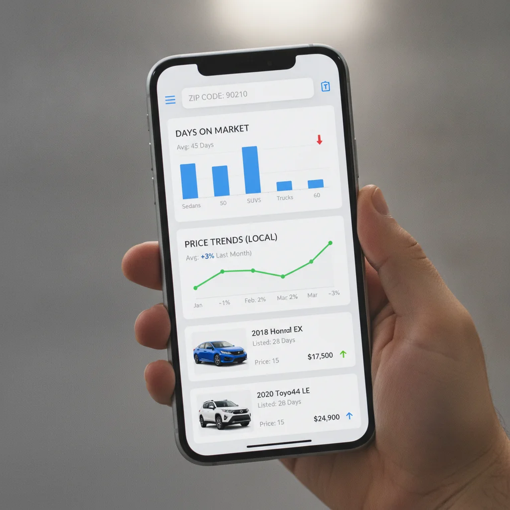 Smartphone screen showing a used car listing platform filtered by local zip code with days-on-market data