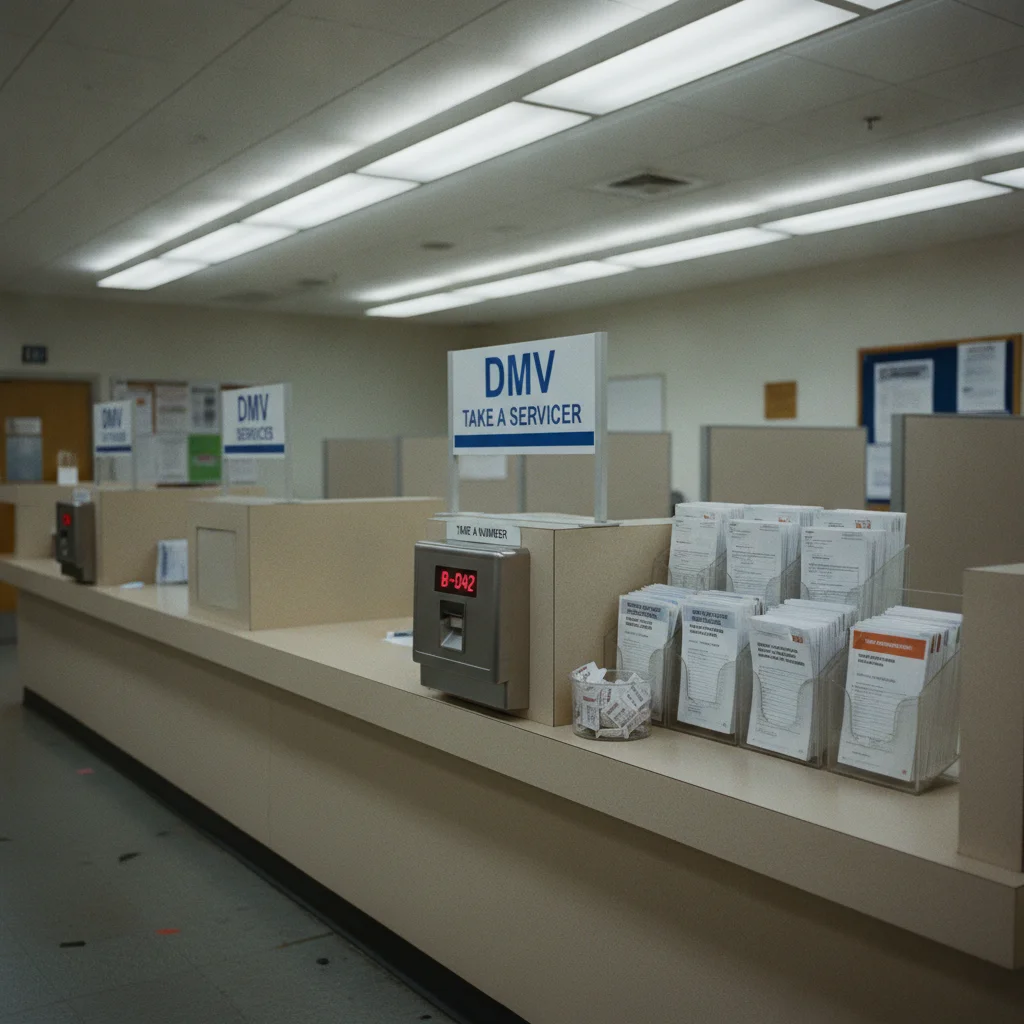 DMV service counter with government signage and registration form packets displayed