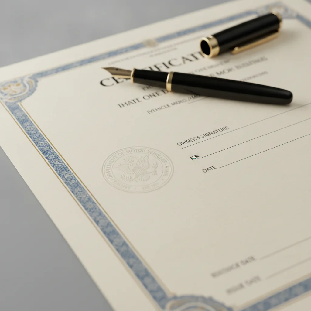 Close-up of a vehicle certificate of title with signature lines and an official seal