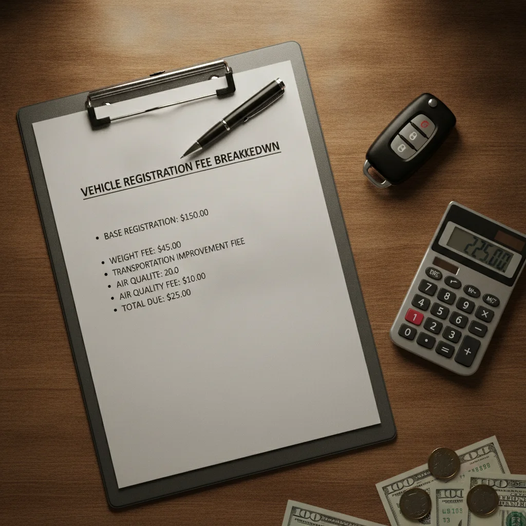 A registration fee breakdown sheet on a clipboard with a pen, car keys, and calculator on a wooden desk.