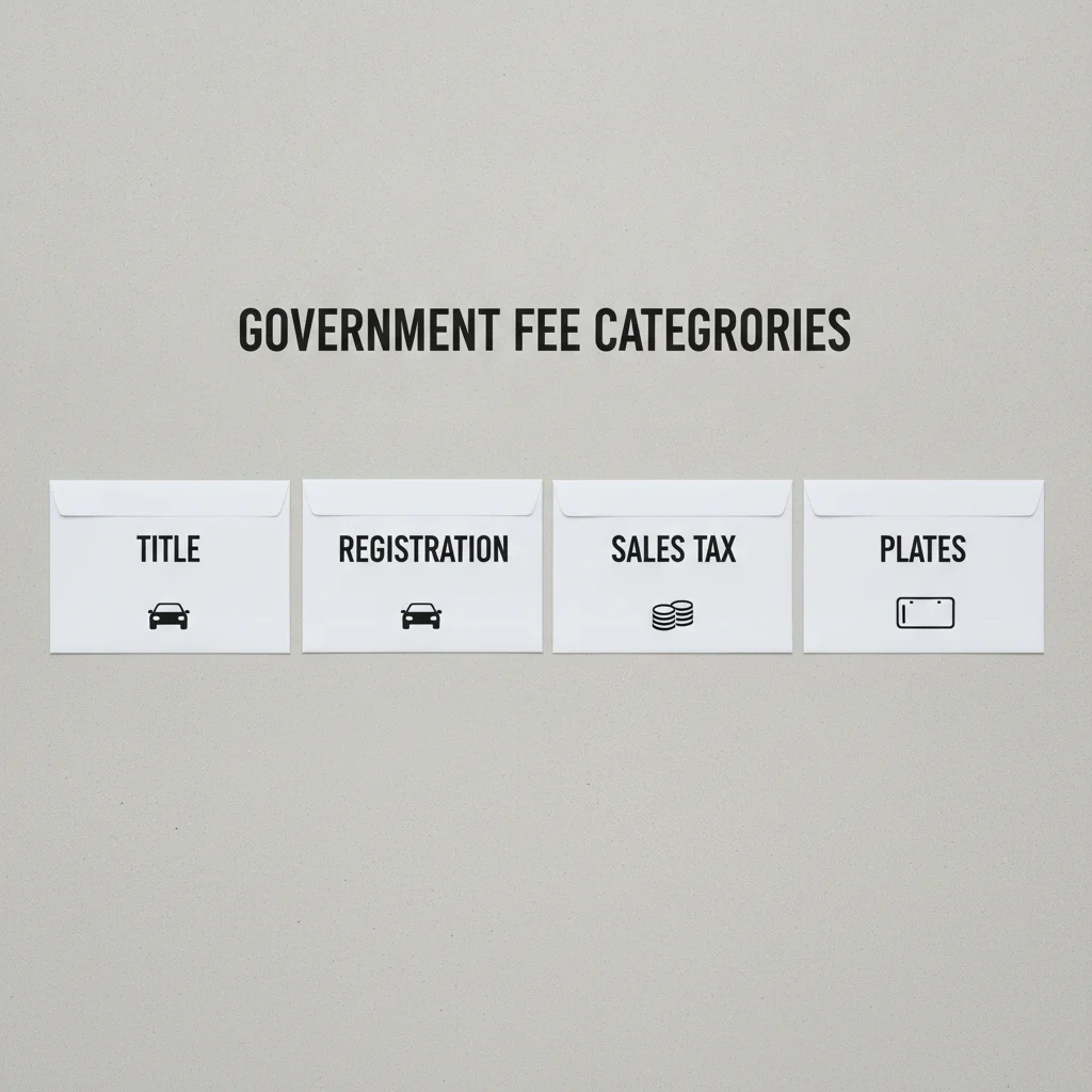 Labeled envelopes representing different vehicle registration fee categories arranged on a gray surface.