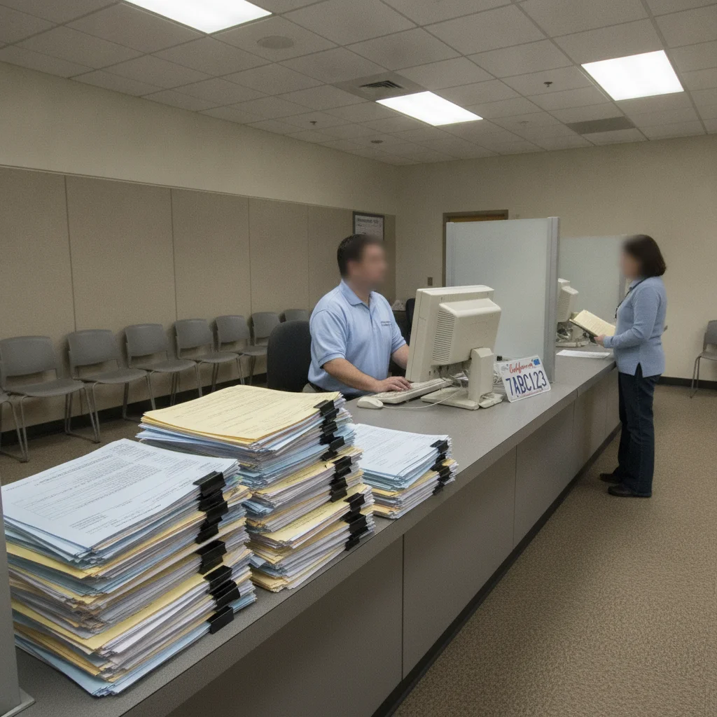 A DMV service counter with stacked forms and a license plate visible in a government office setting.