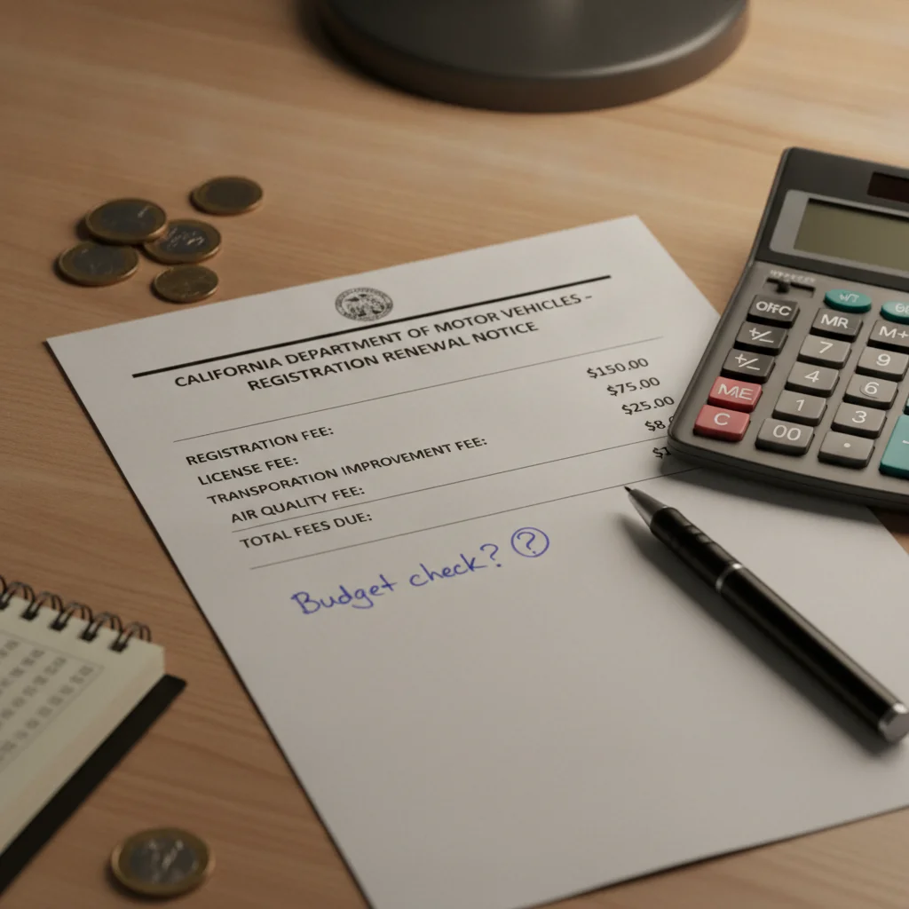 A vehicle registration renewal notice on a desk next to a calculator showing annual fee calculations