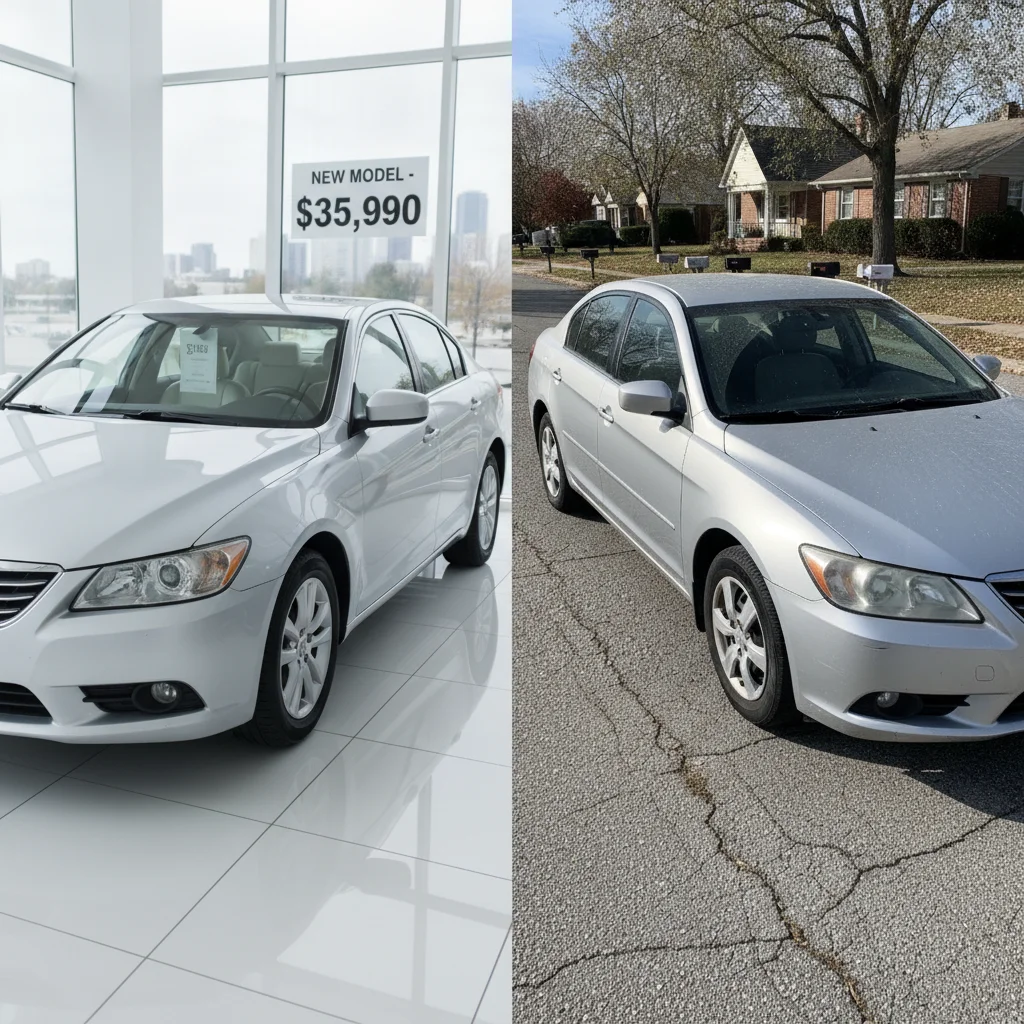 New sedan at dealership beside identical three-year-old used sedan on a suburban street, side by side