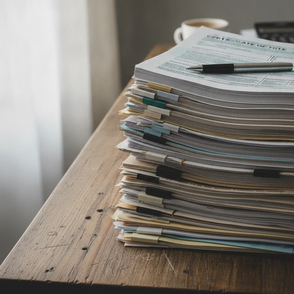 Stack of vehicle registration documents, tax forms, and a car title arranged on a wooden desk