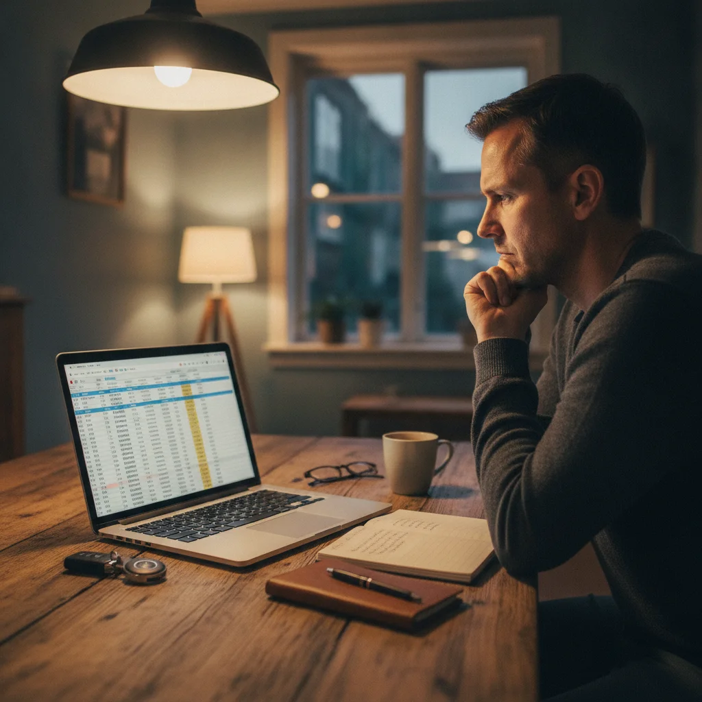 Person at home using laptop to calculate car ownership costs with keys and notebook on table