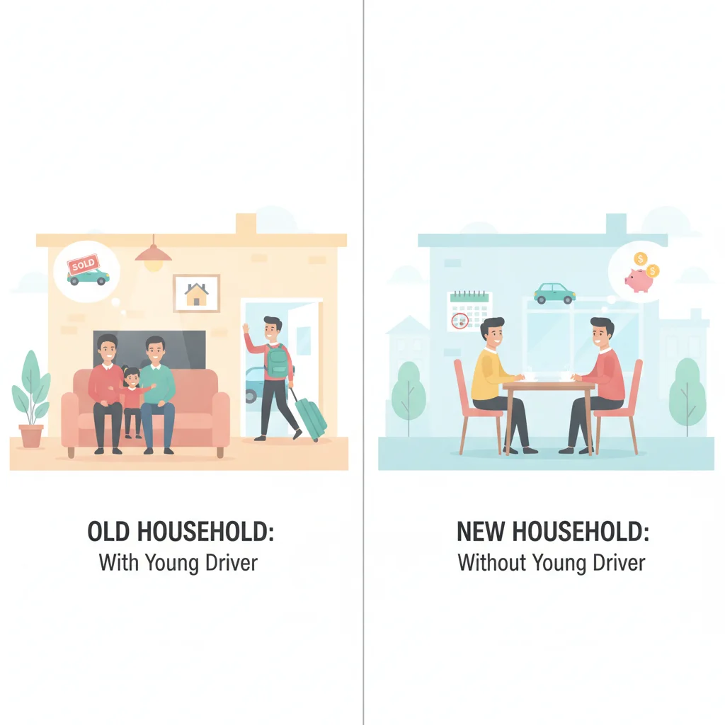 Illustration showing a family household before and after a teenager moves out, representing a driver removal scenario.