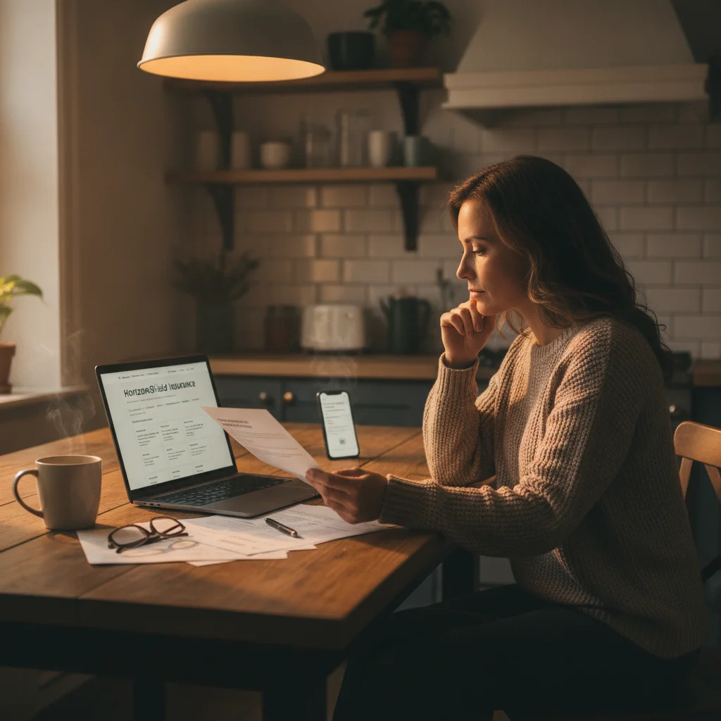 Person on a phone call with an insurance company while reviewing policy documents on a laptop.