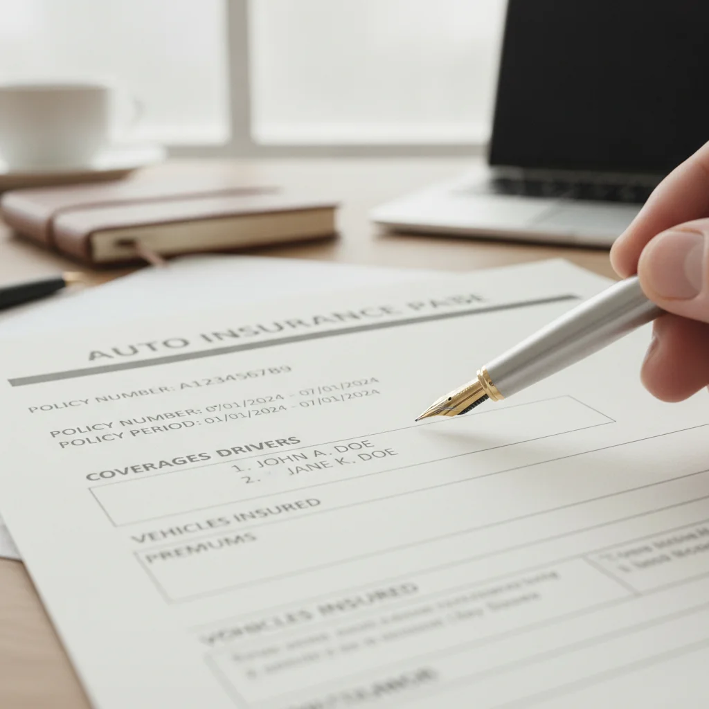 Close-up of an auto insurance declarations page with a pen pointing at the listed drivers section.