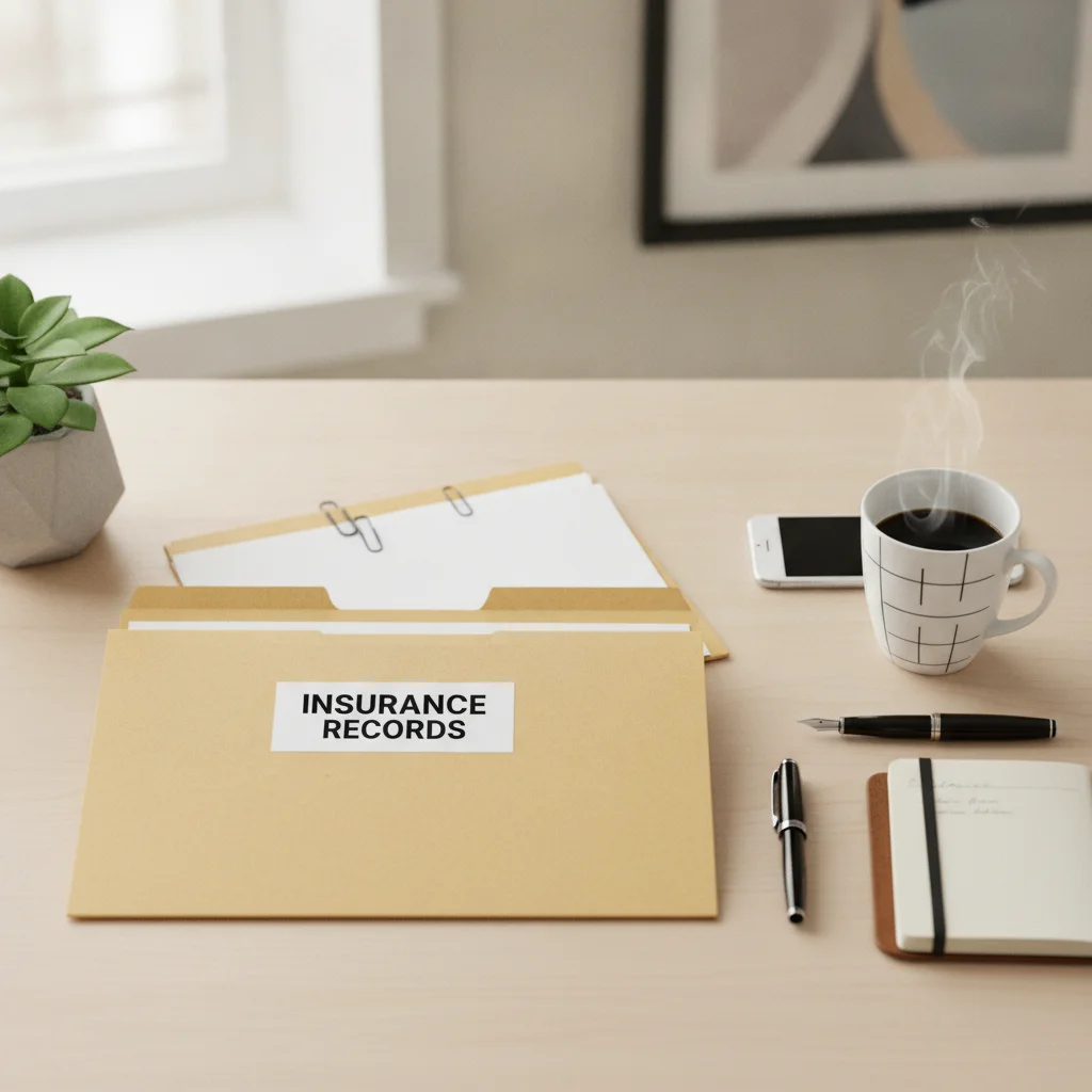 An organized insurance records folder on a desk next to a smartphone, representing policy document management.