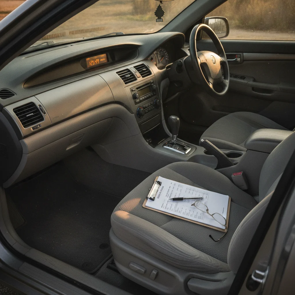 Sunlit used car interior with worn but clean seats showing realistic pre-sale condition