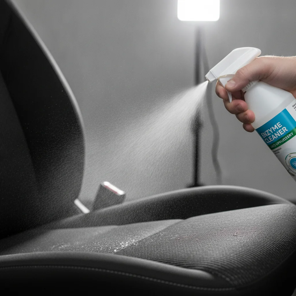 Enzyme-based cleaner being sprayed onto car seat upholstery fabric for odor removal