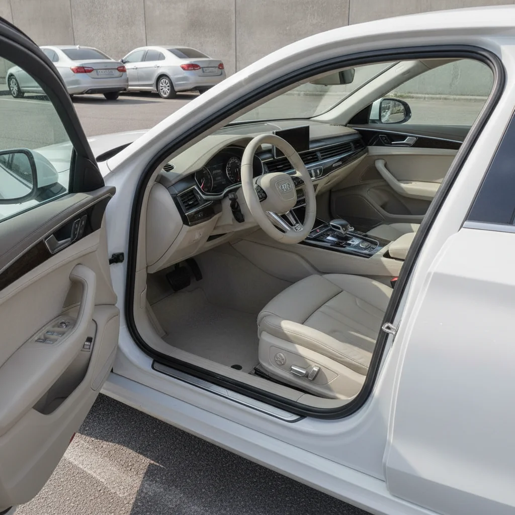 Clean car interior with door open after professional detailing, ready for sale