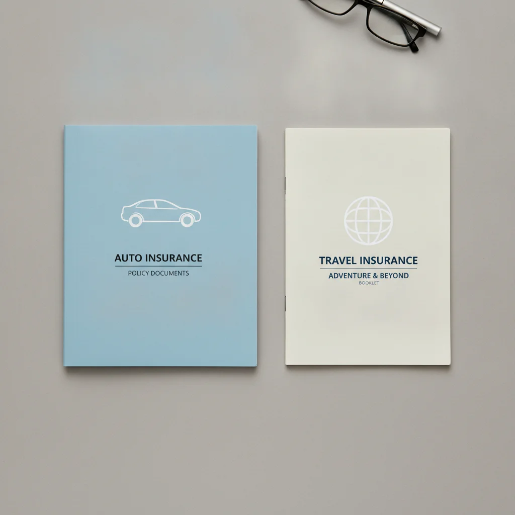 Auto insurance policy folder beside a travel insurance booklet on a gray surface.