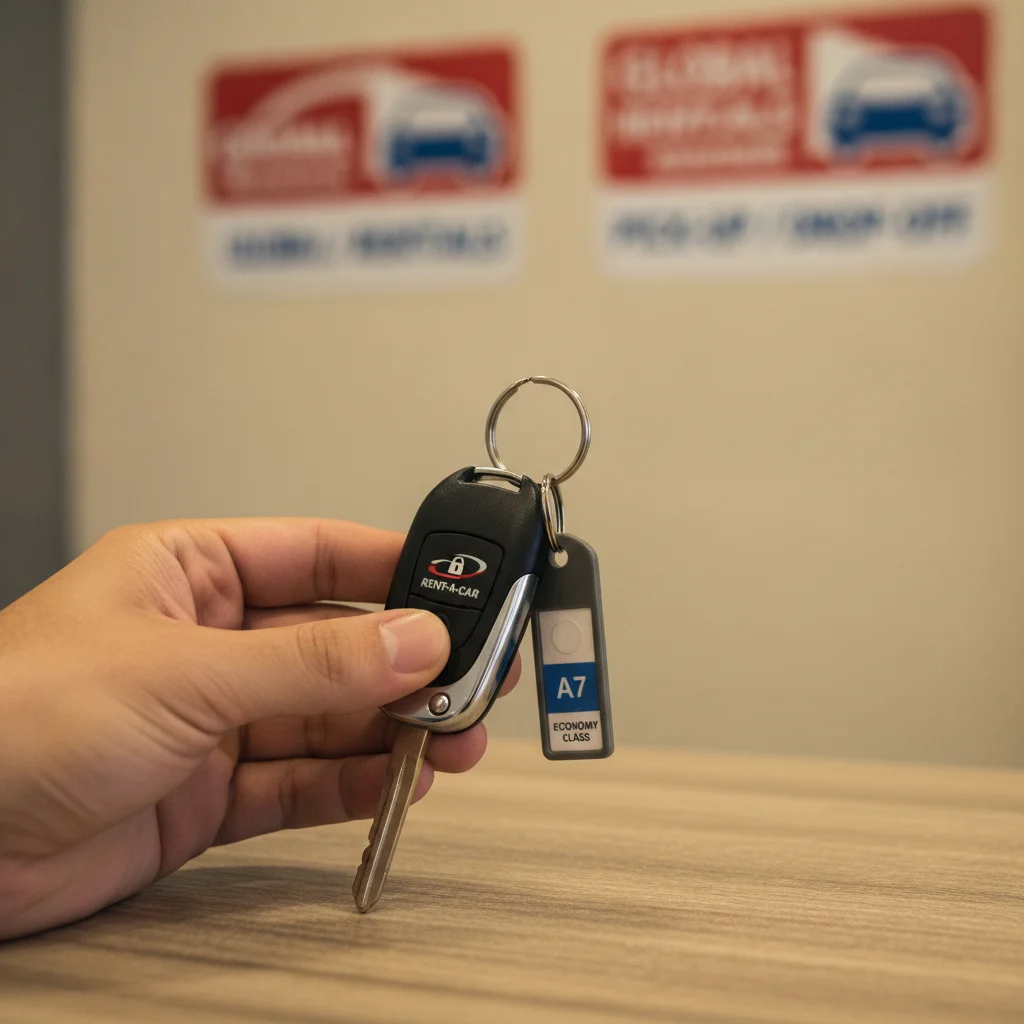Hand holding rental car keys at a rental agency counter with signage in the background.