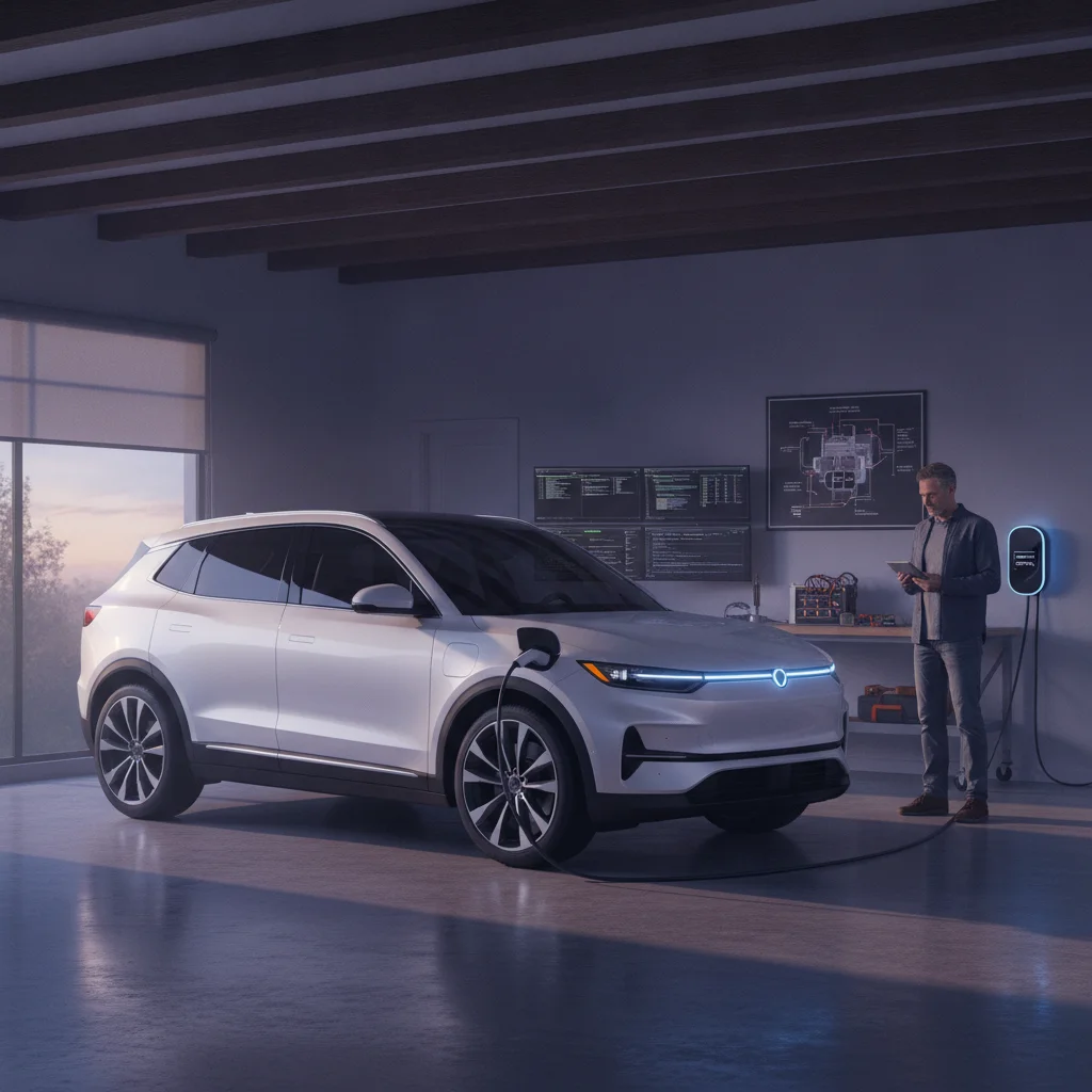 Electric vehicle charging in a suburban garage at dusk with ambient lighting.
