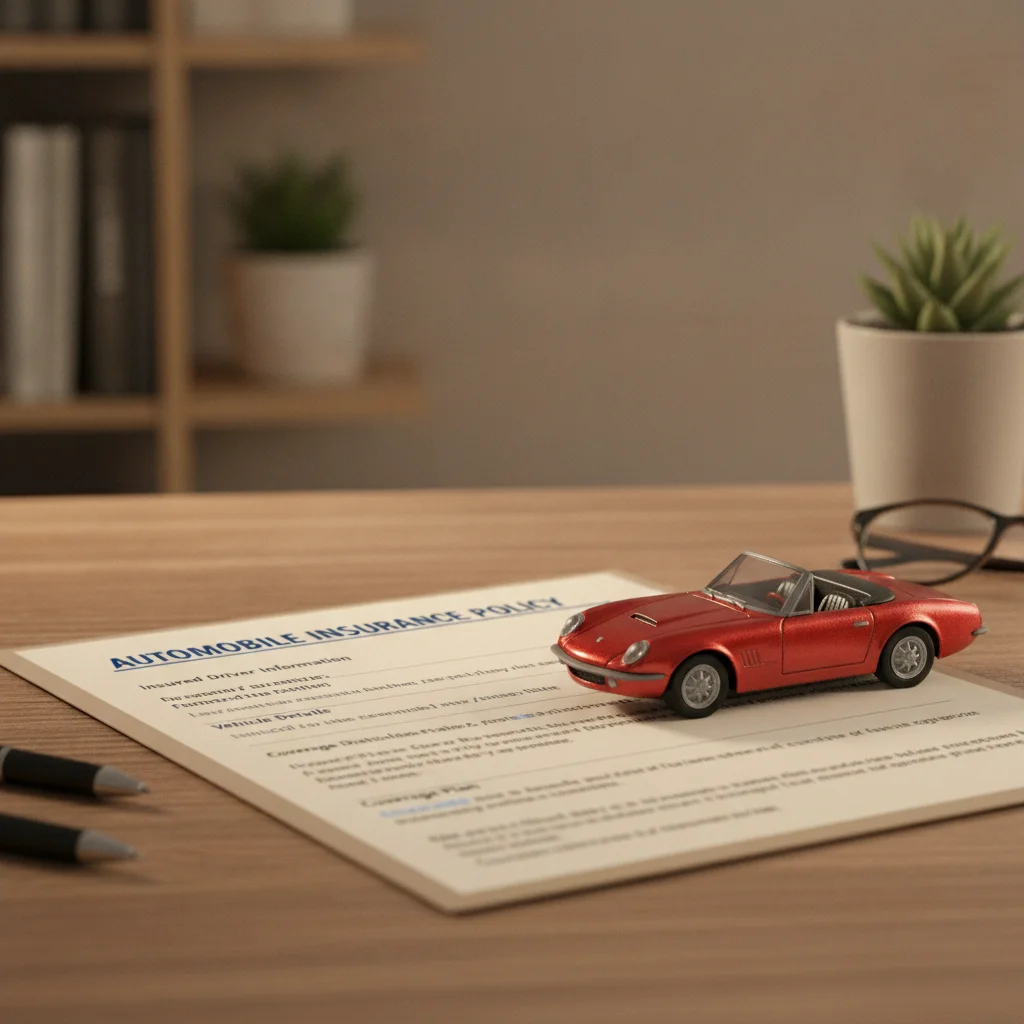Auto insurance declarations page showing rental reimbursement endorsement details beside a small model car