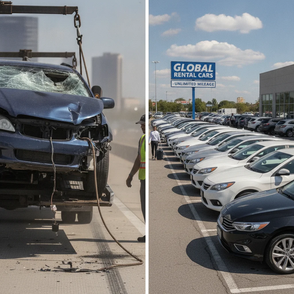 Damaged vehicle being towed away alongside a rental car lot with available vehicles
