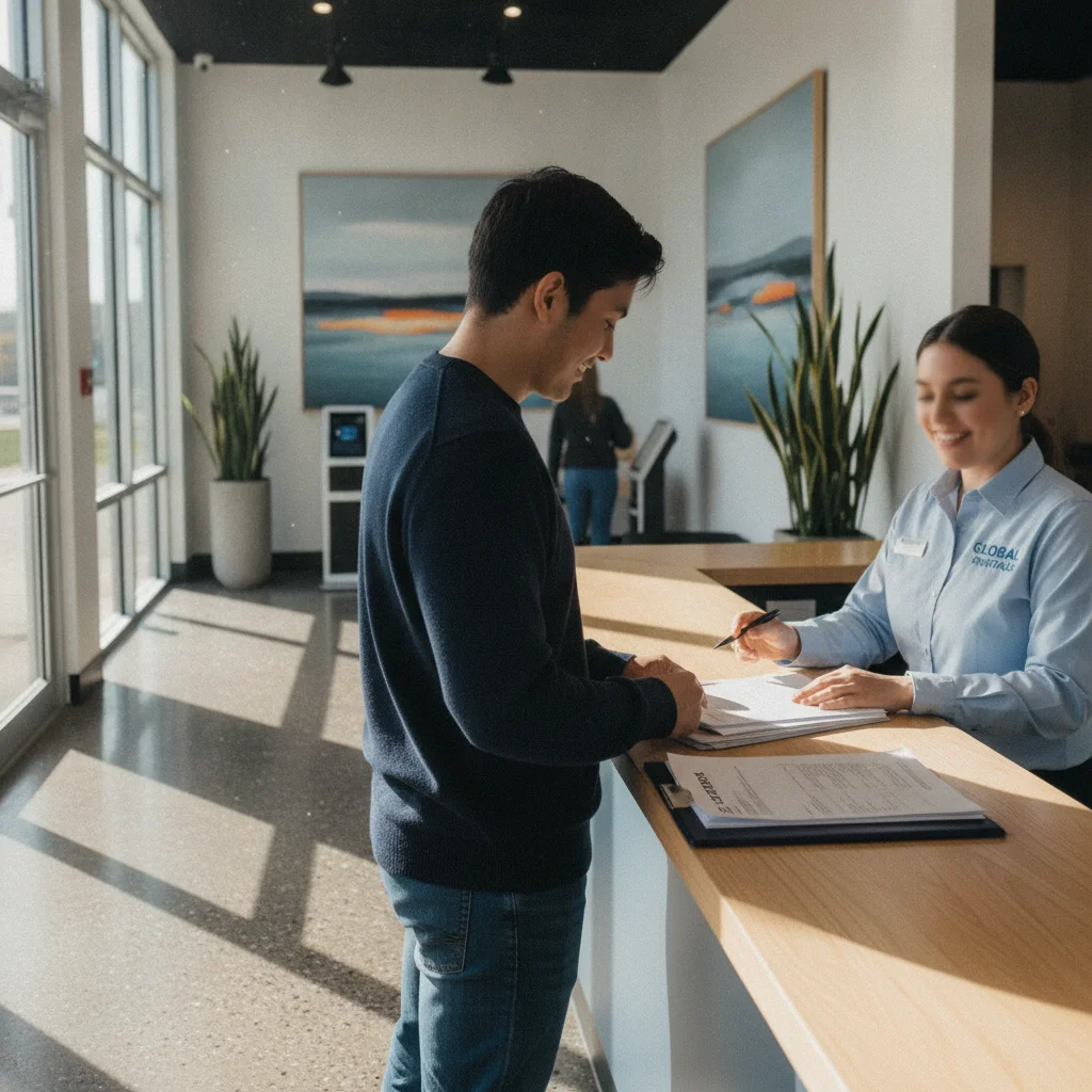 Driver reviewing rental car agreement at agency counter after filing an insurance claim