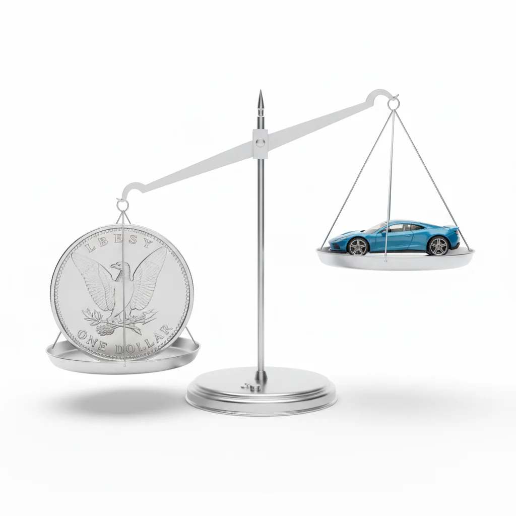Balance scale with a dollar coin and small car model representing insurance cost versus benefit analysis