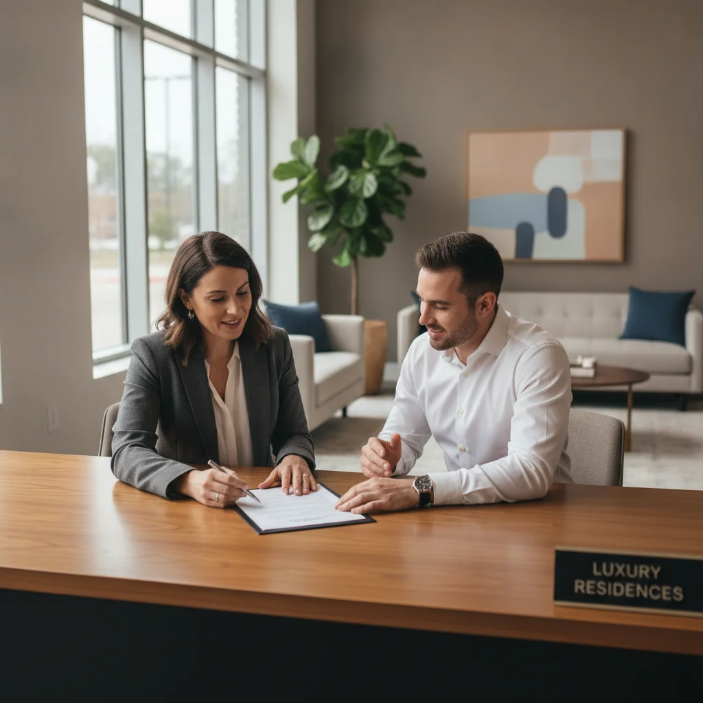 A renter discussing EV charging installation paperwork with an apartment property manager in a leasing office