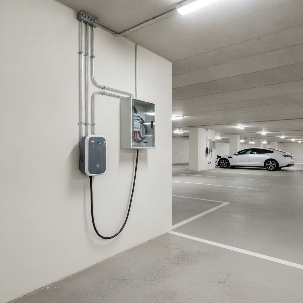 A professionally installed Level 2 EV charger with conduit on the wall of a covered parking structure