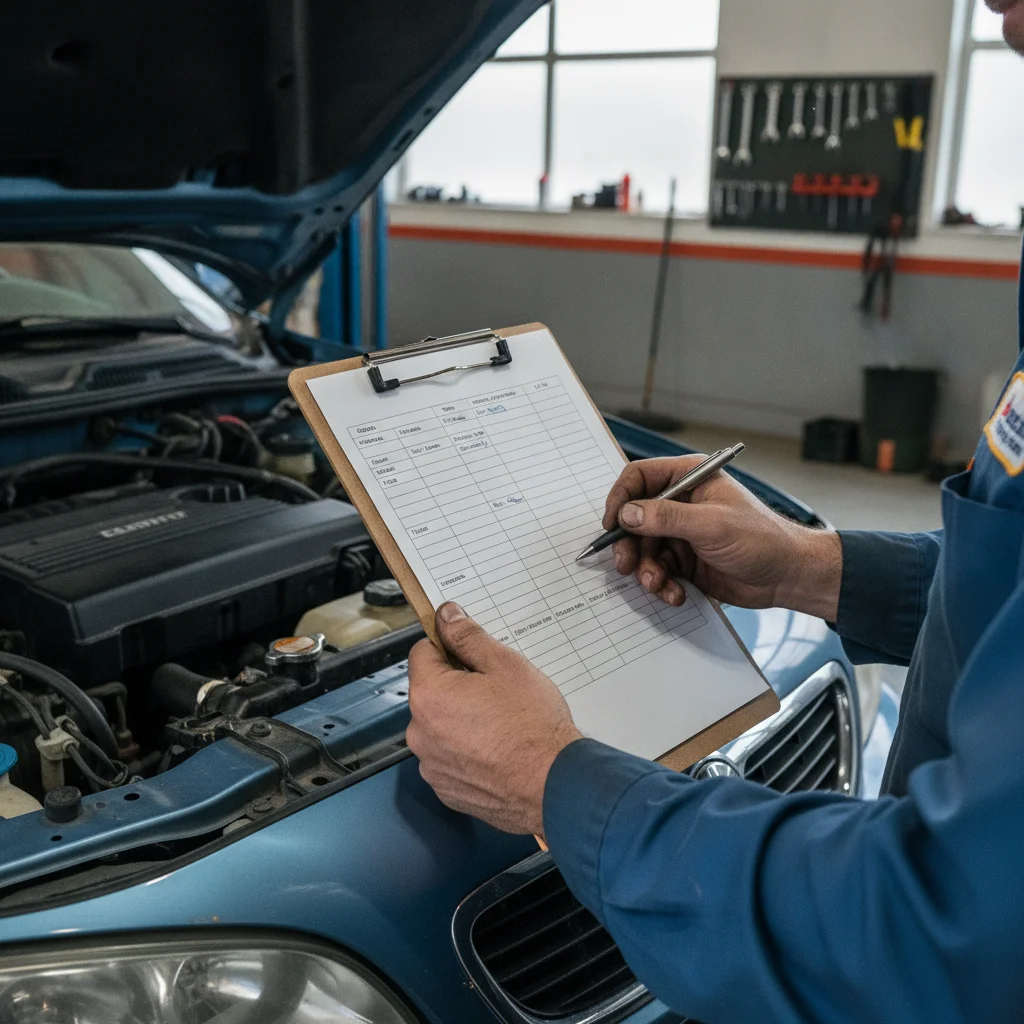 Mechanic reviewing a pre-sale vehicle inspection checklist beside a used car in a garage