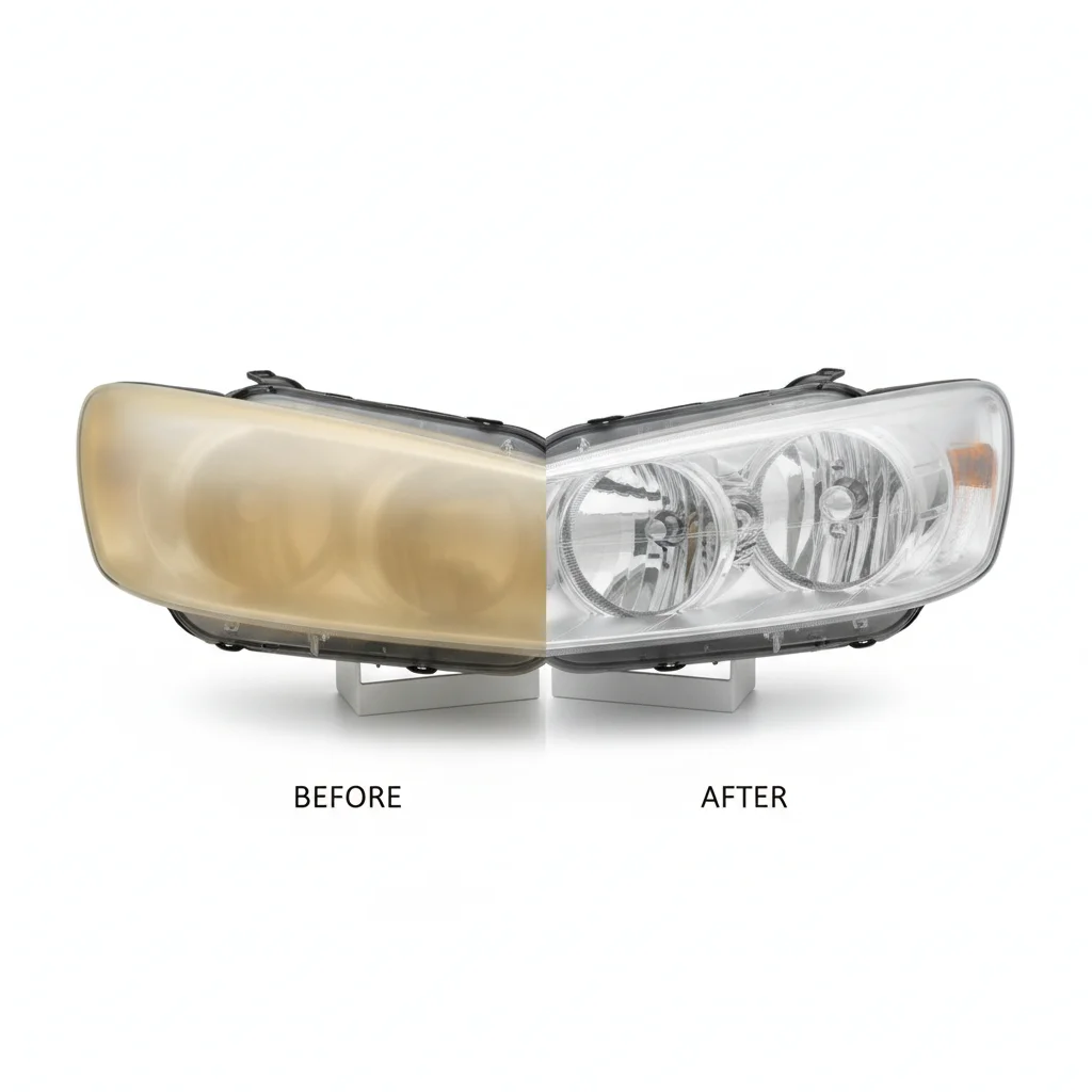 Side-by-side comparison of foggy yellowed headlights versus restored clear headlights on a used car
