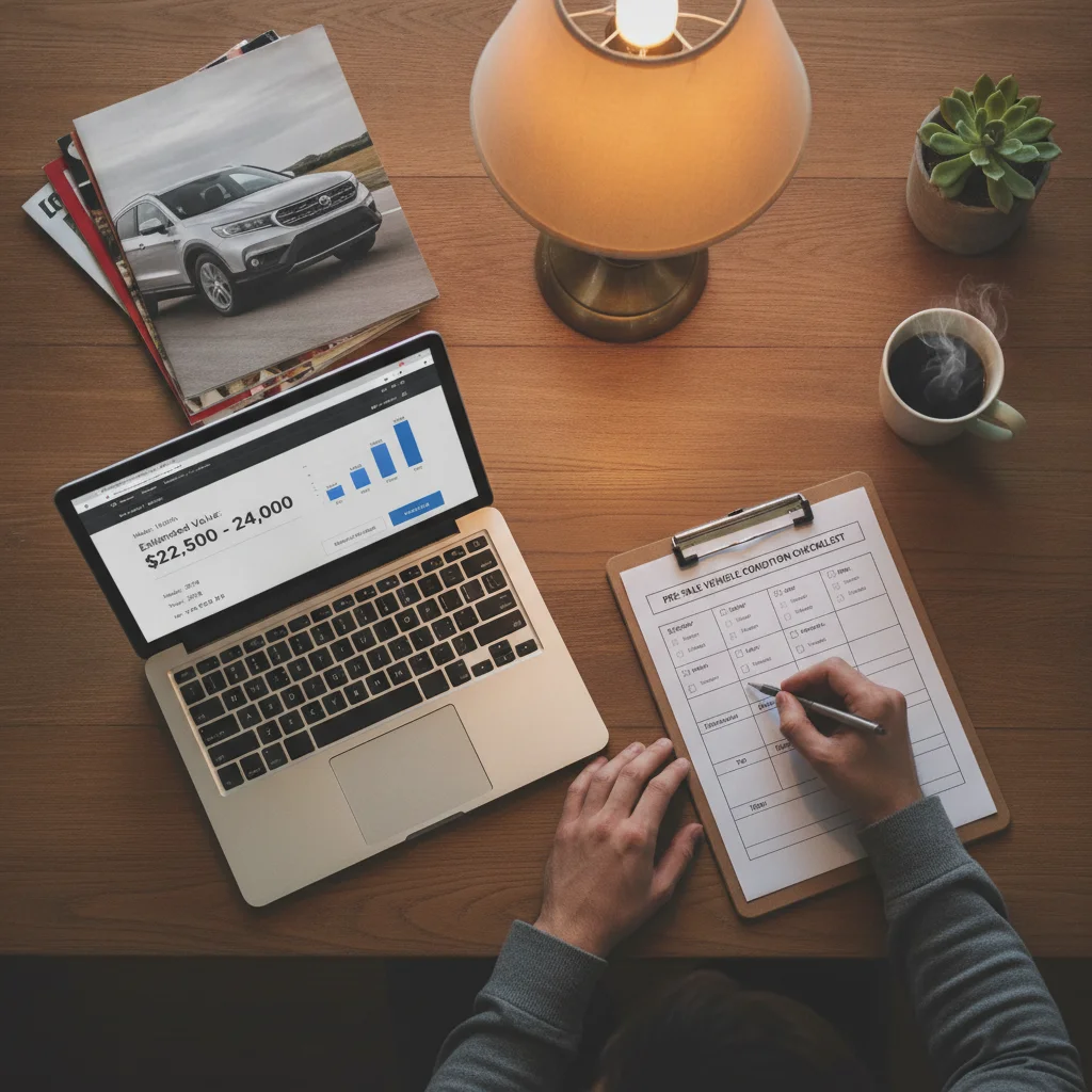 Seller writing a vehicle condition checklist at a desk with car valuation data on a laptop screen