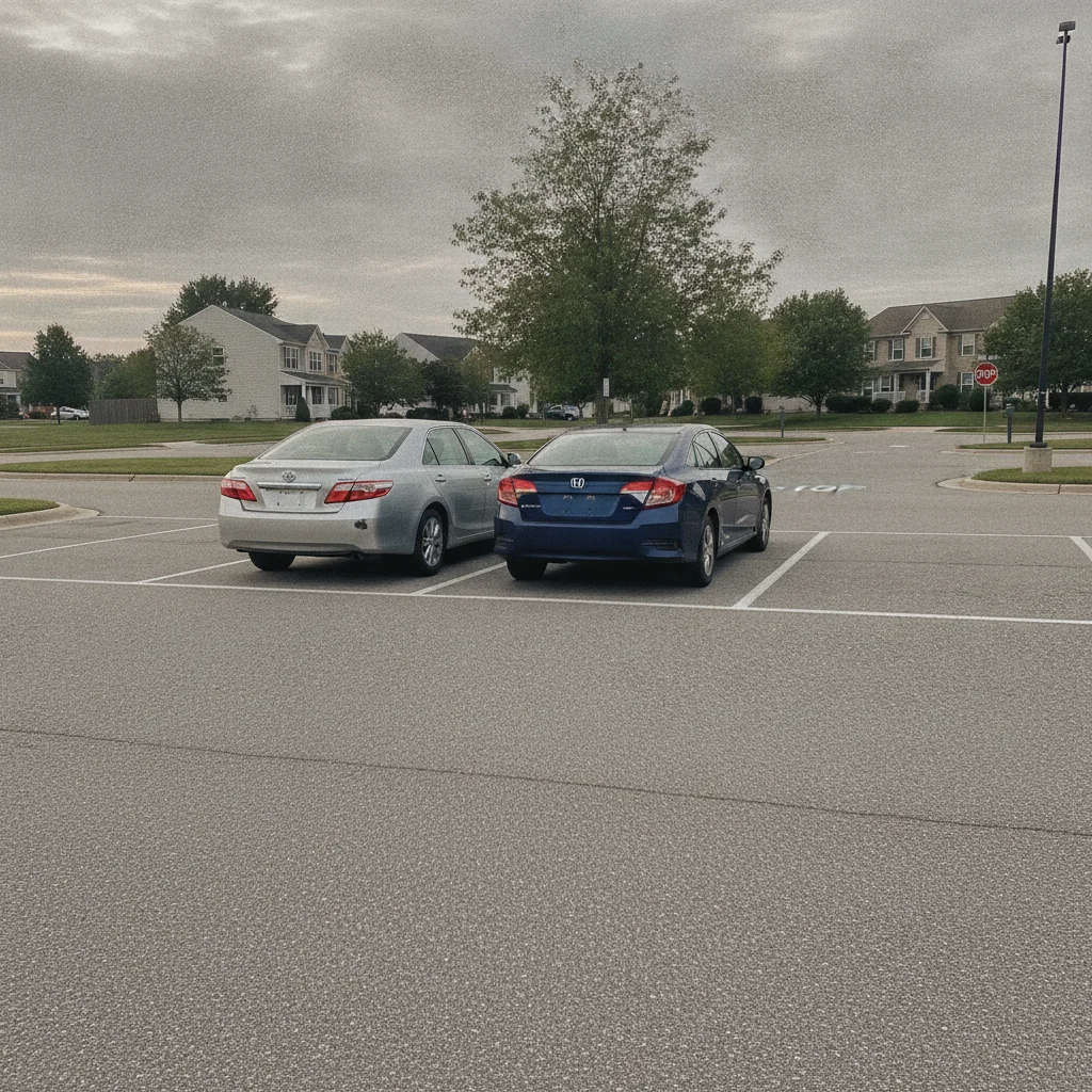 Two cars in a parking lot with minor visible bumper damage on one vehicle