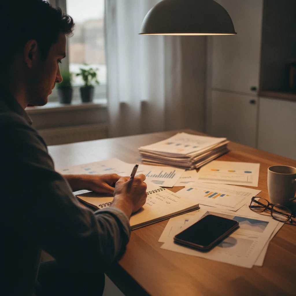 Person reviewing insurance documents and writing notes after a minor car accident