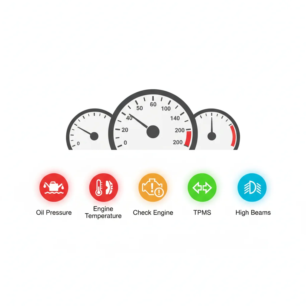 Color-coded diagram of car dashboard warning lights organized by red, amber, and green severity levels