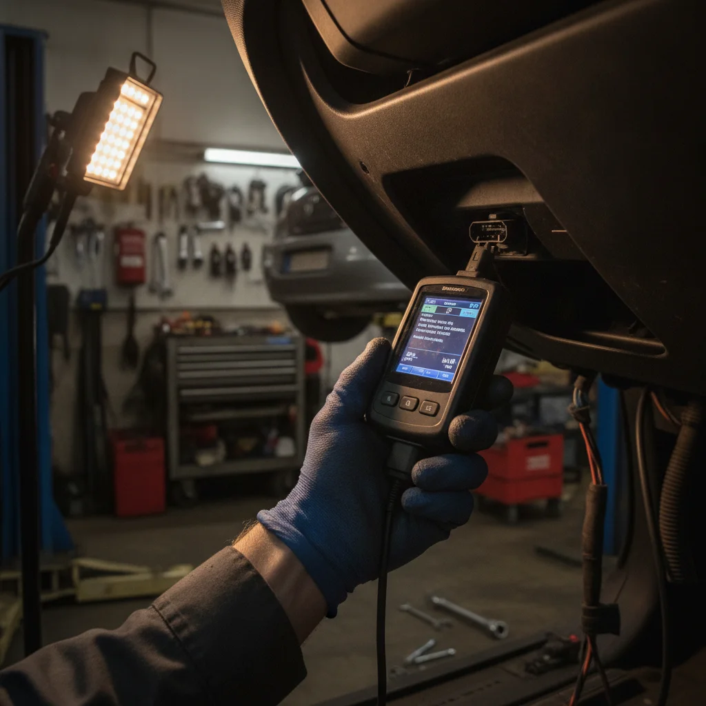 Mechanic plugging an OBD-II scanner into a car diagnostic port to read fault codes from check engine light