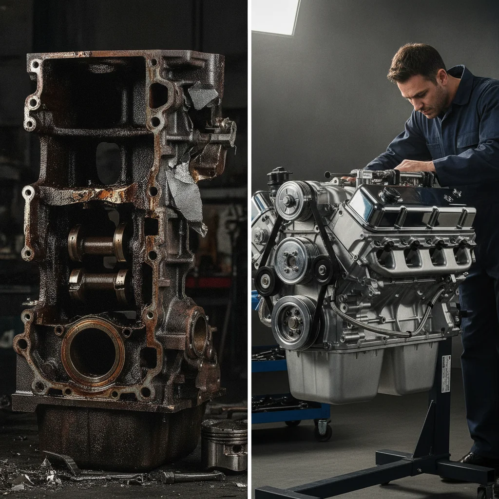 Comparison of a damaged seized engine next to a well-maintained engine being serviced by a technician