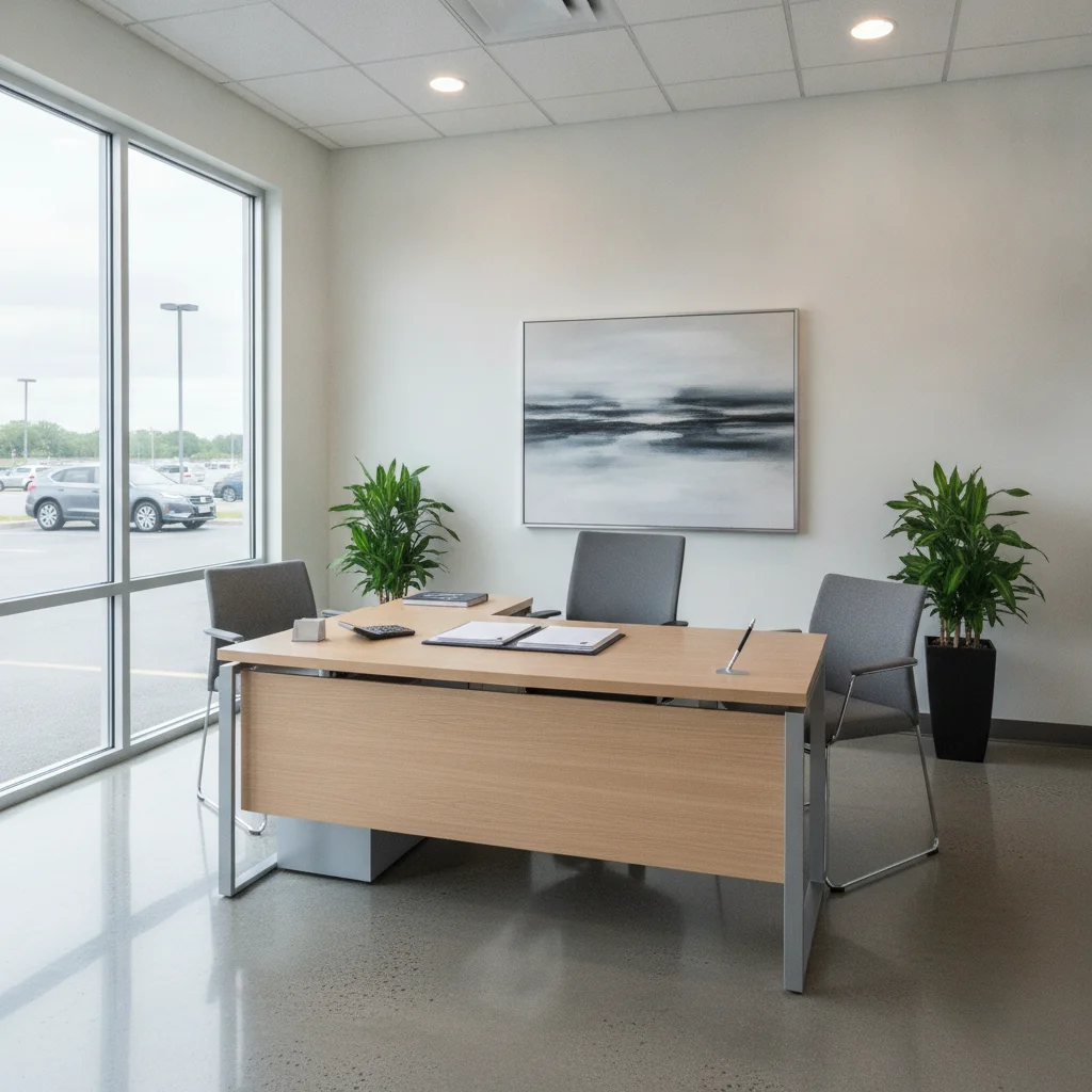 Empty car dealership finance office with contract documents and calculator on a clean desk