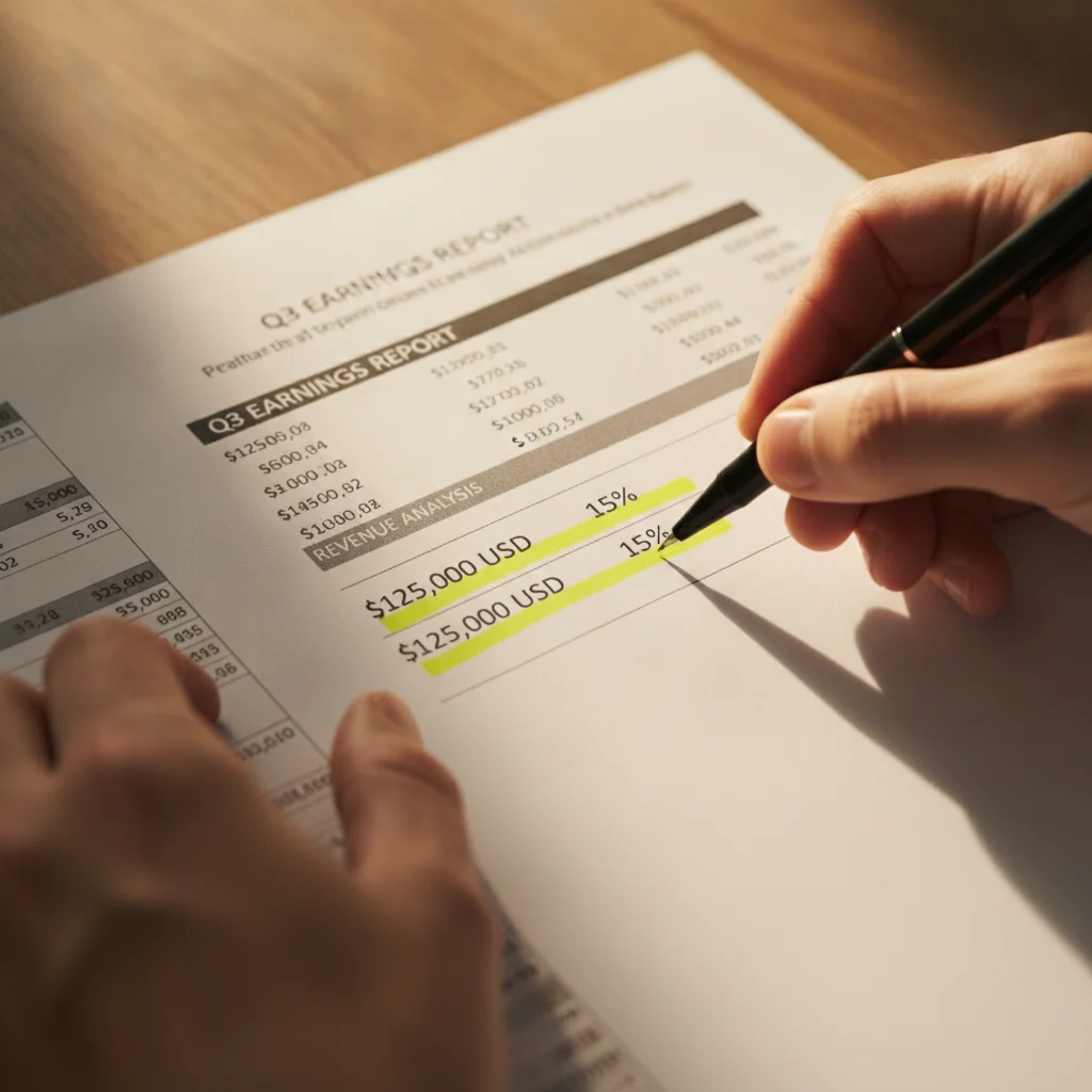Hand holding pen over financial contract with highlighted numbers and percentage figures