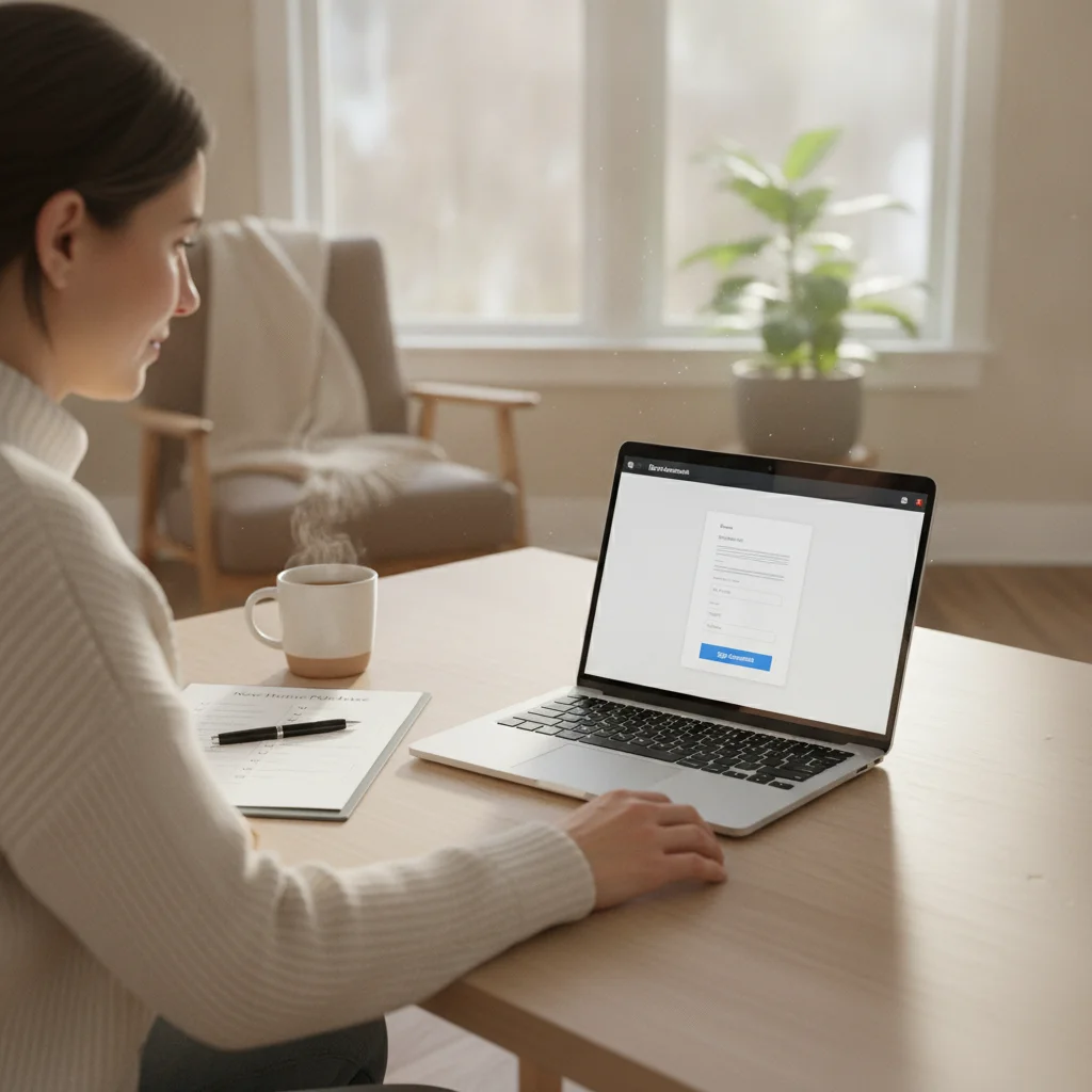 Person reviewing digital car purchase contract on laptop with printed checklist beside them