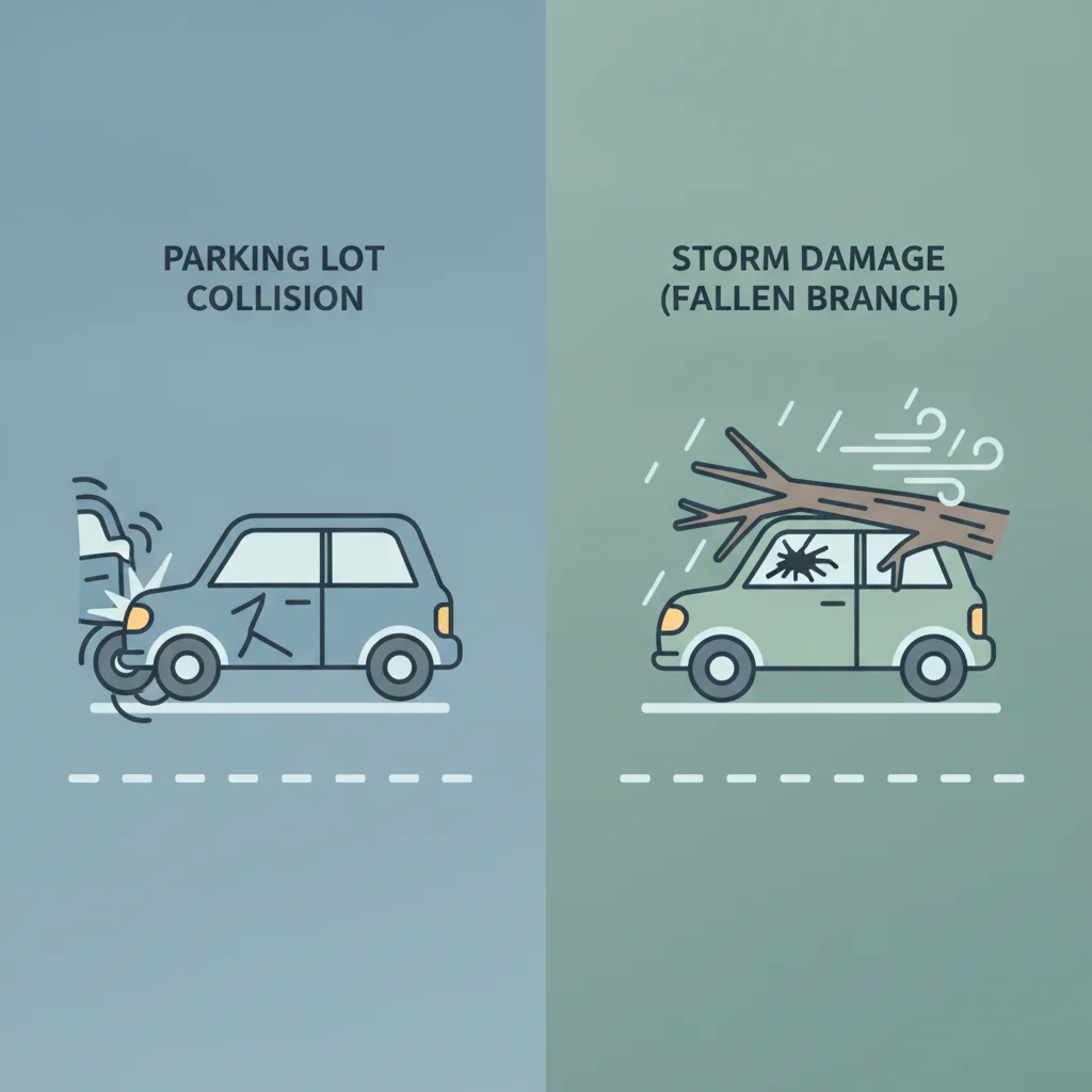 Side-by-side illustration comparing collision damage and comprehensive damage on a vehicle