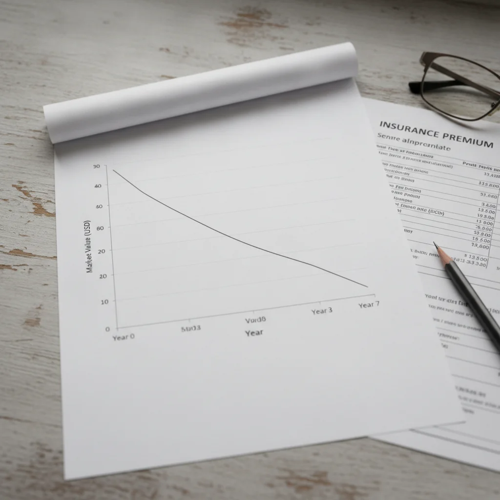 Depreciation curve graph showing a car's declining value next to an insurance premium document