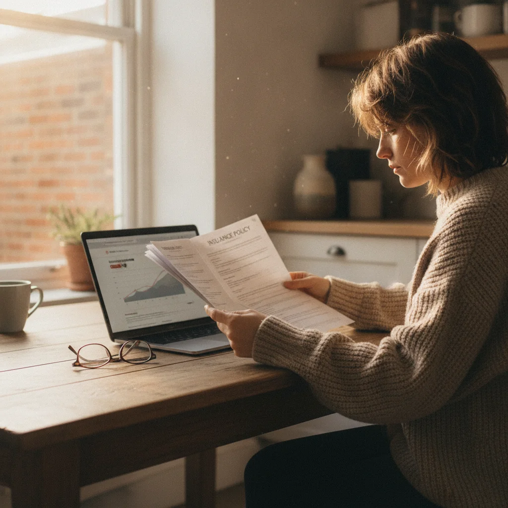 Person reviewing auto insurance documents at a kitchen table with a car valuation website open on a laptop