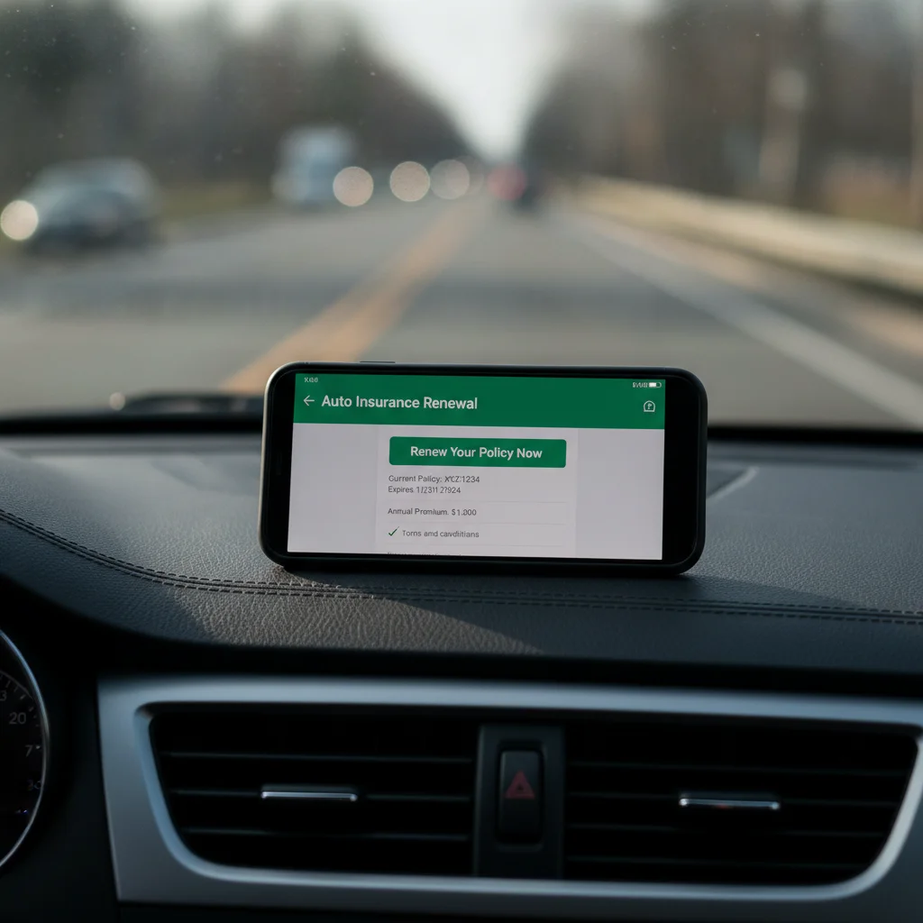 Smartphone showing auto insurance renewal screen resting on a car dashboard with road in background