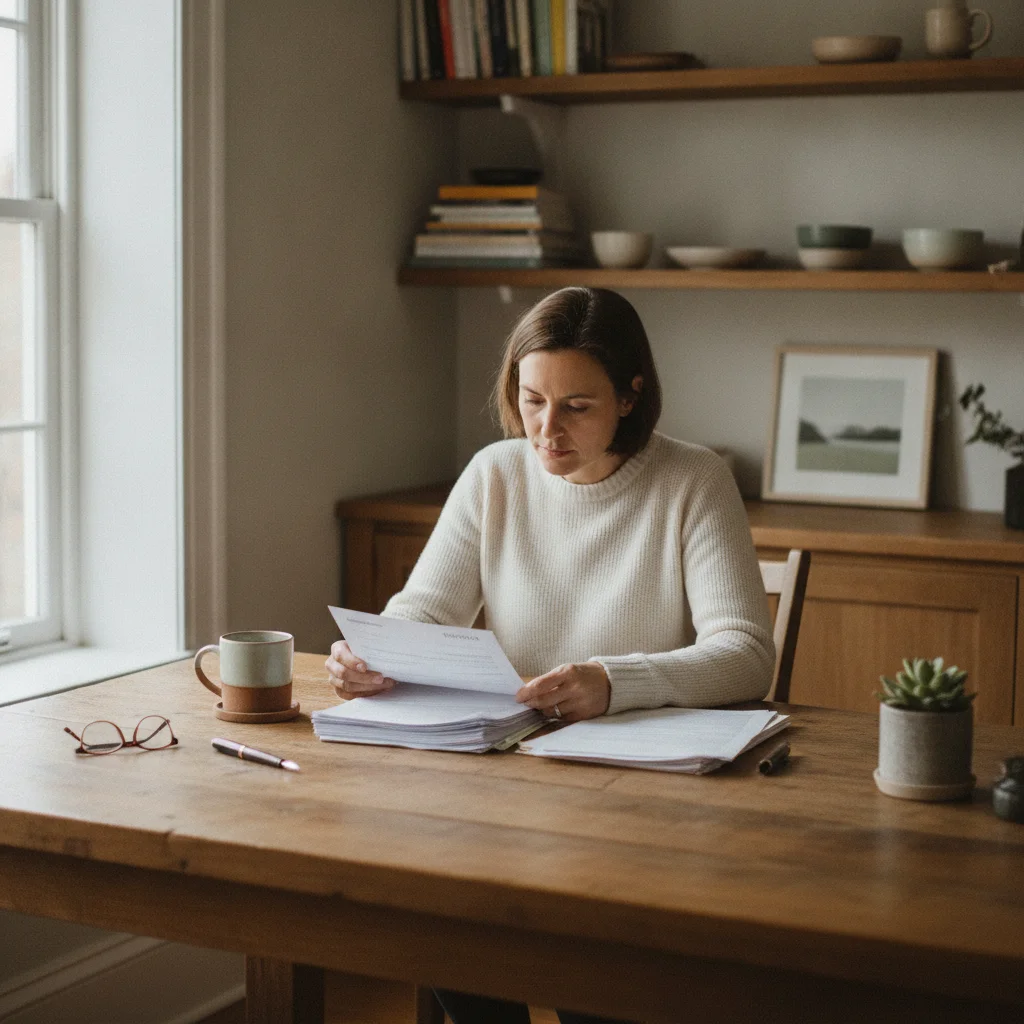 Person calmly reviewing insurance documents at a kitchen table with natural light