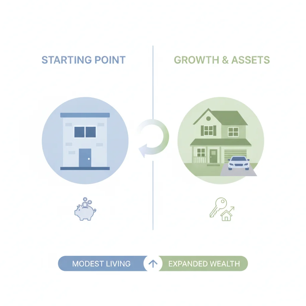 Split illustration comparing a renter's apartment to a homeowner's property representing growing financial assets