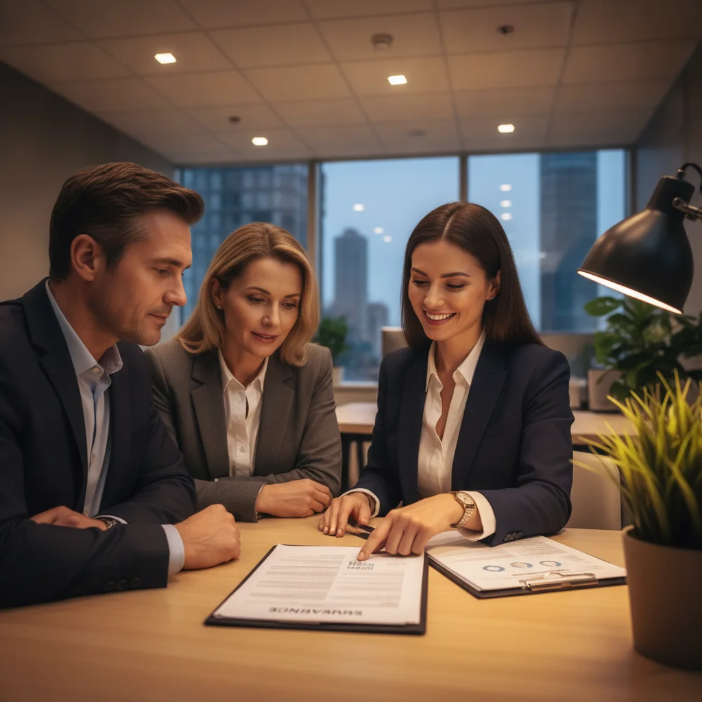 Insurance agent explaining coverage options to a couple at a desk in a professional office setting